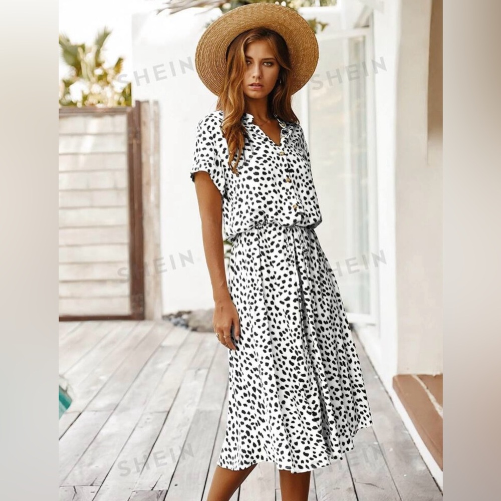 SHEIN Classic Dalmatian Print Drawstring Waist A-line Dress